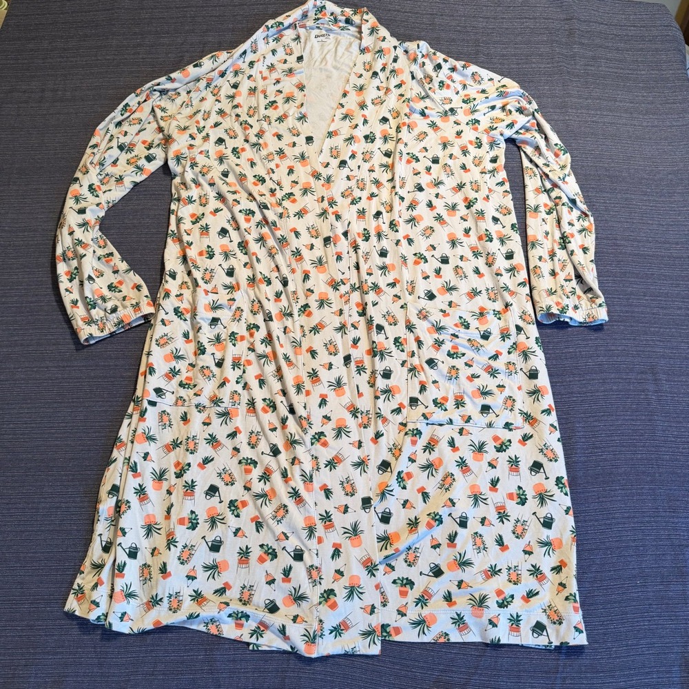 Duluth Trading Co Womens Large Houseplant Print Tencel Modal Robe Pockets White